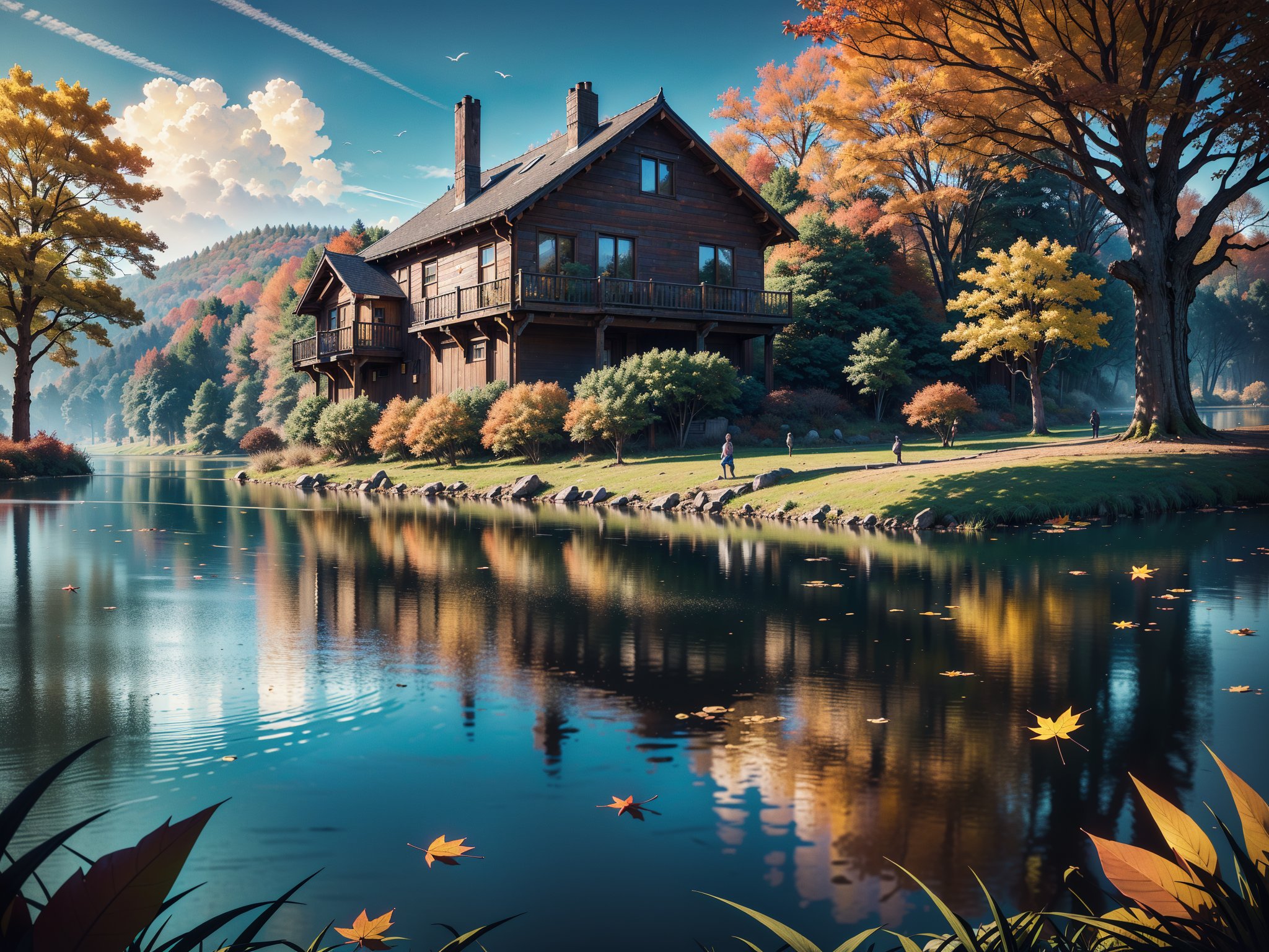 (masterpiece, legendary, highest_resolution, highly detailed), (hyper surrealism:1.4), sharpen_details, landscape_photography, (a stunning and vibrant HDR image of a big [wooden ? timber ? concerete] house during the autumn season with a beautiful lake in the foreground:1.5), (trees, fallen leaves, leaves falling, ground, grass, flower, sky, cloud, birds, sunlight, reflection, shadows, windy, ultra sharp), (intricate tree details, extremely detailed CG, creative use of empty space:1.3), (best quality, 64K, UHD, captivating, lifelike, immersive, no human, no character)
