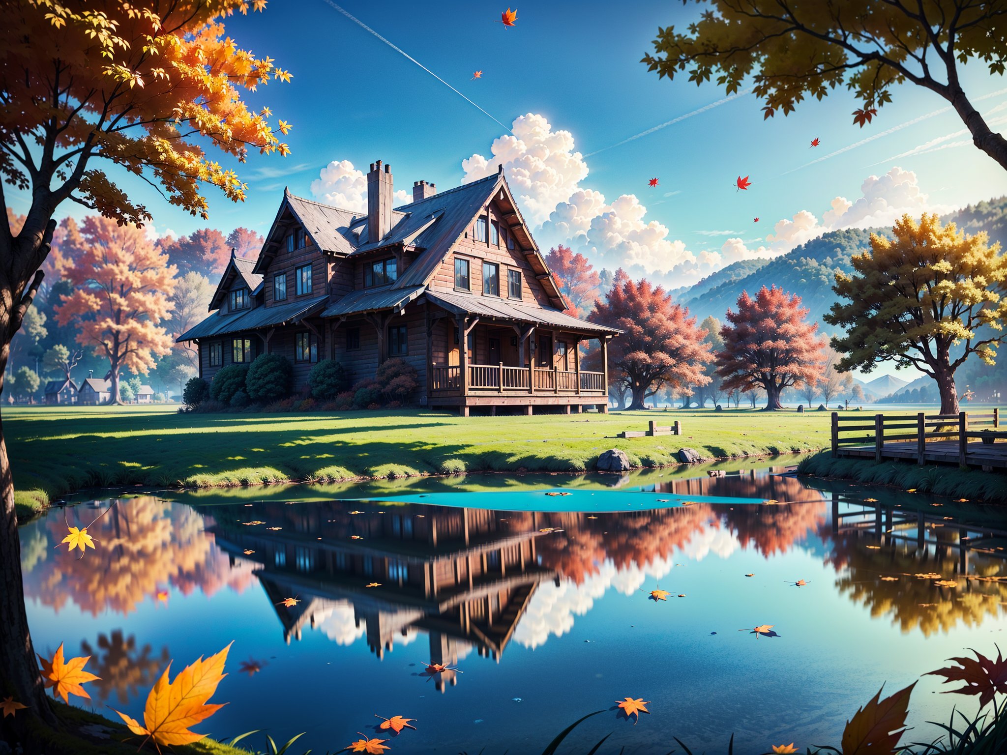 (masterpiece, legendary, highest_resolution, highly detailed, vibrant colors), (hyper surrealism:1.3), sharpen_details, landscape_photography, (a stunning RAW photograph of a big [wooden ? timber ? concerete] house (in focus) during a slightly windy day in the autumn season with a beautiful lake in the foreground:1.5), (dock, trees, fallen leaves, leaves falling, ground, grass, flowers, sky, cloud, birds, sunlight, reflection, shadows, wind, ultra sharp, house focus, Chiaroscuro), (intricate tree details, extremely detailed CG, creative use of empty space:1.3), (best quality, 64K, UHD, captivating, lifelike, immersive, no humans)