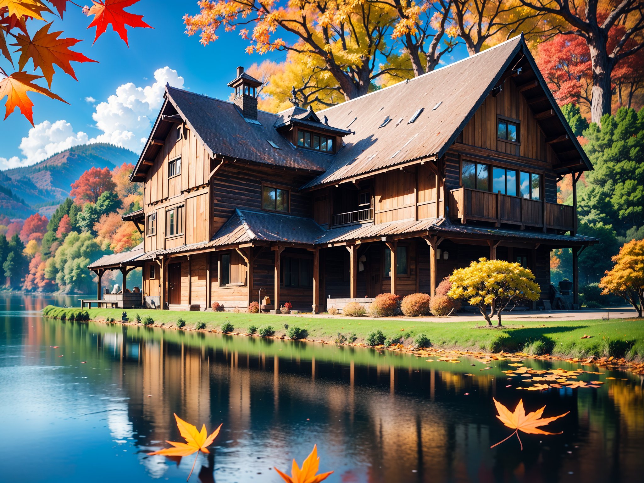 (masterpiece, legendary, highest_resolution), (hyper surrealism:1.4), enhanced_details, landscape_photography, (a stunning and vibrant RAW photograph of a big [wooden ? timber ? concerete] house during the autumn season with a beautiful lake in the foreground:1.5), (trees, fallen leaves, leaves falling, ground, grass, flower, sky, cloud, birds, sunlight, reflection, shadows, windy), intricate detail, (creative use of empty space:1.3),  (best quality, 64K, UHD, captivating, immersive, hyper_surrealism, no human, no character)