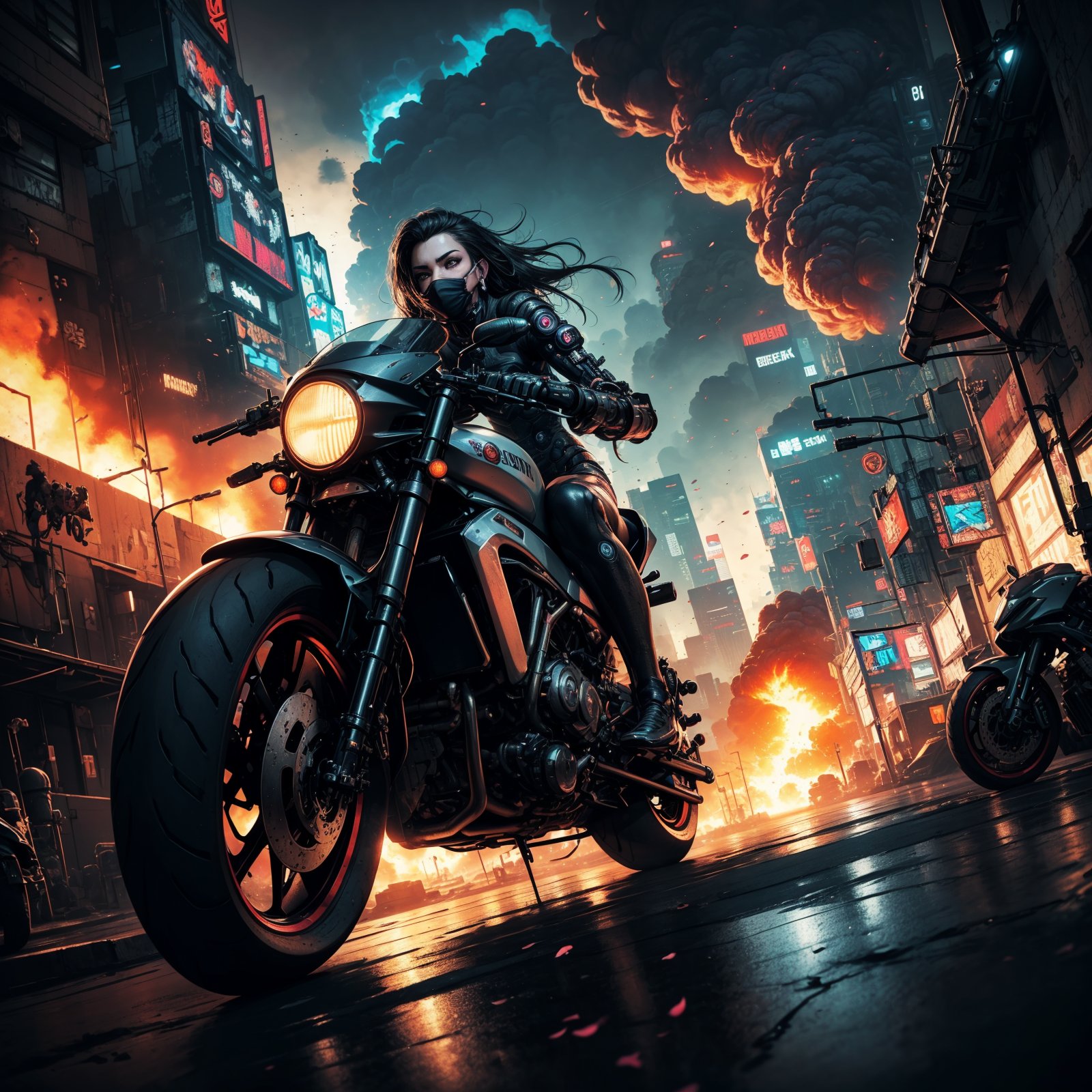(best quality, 8K, ultra-detailed, masterpiece),
(cinematic, photorealistic, UHD, HDR, high resolution, vibrant colors).
(A high-octane 8K Cyberpunk city street:1.5), (low angle:1.5), 1girl, center frame, on a superbike speeding off with a (big explosion:1.5) behind her. She wears a sunglasses, face mask and her hair is flowing. dramatic, shallow depth of field, bokeh, dramatic lighting, (bloom:1.2).