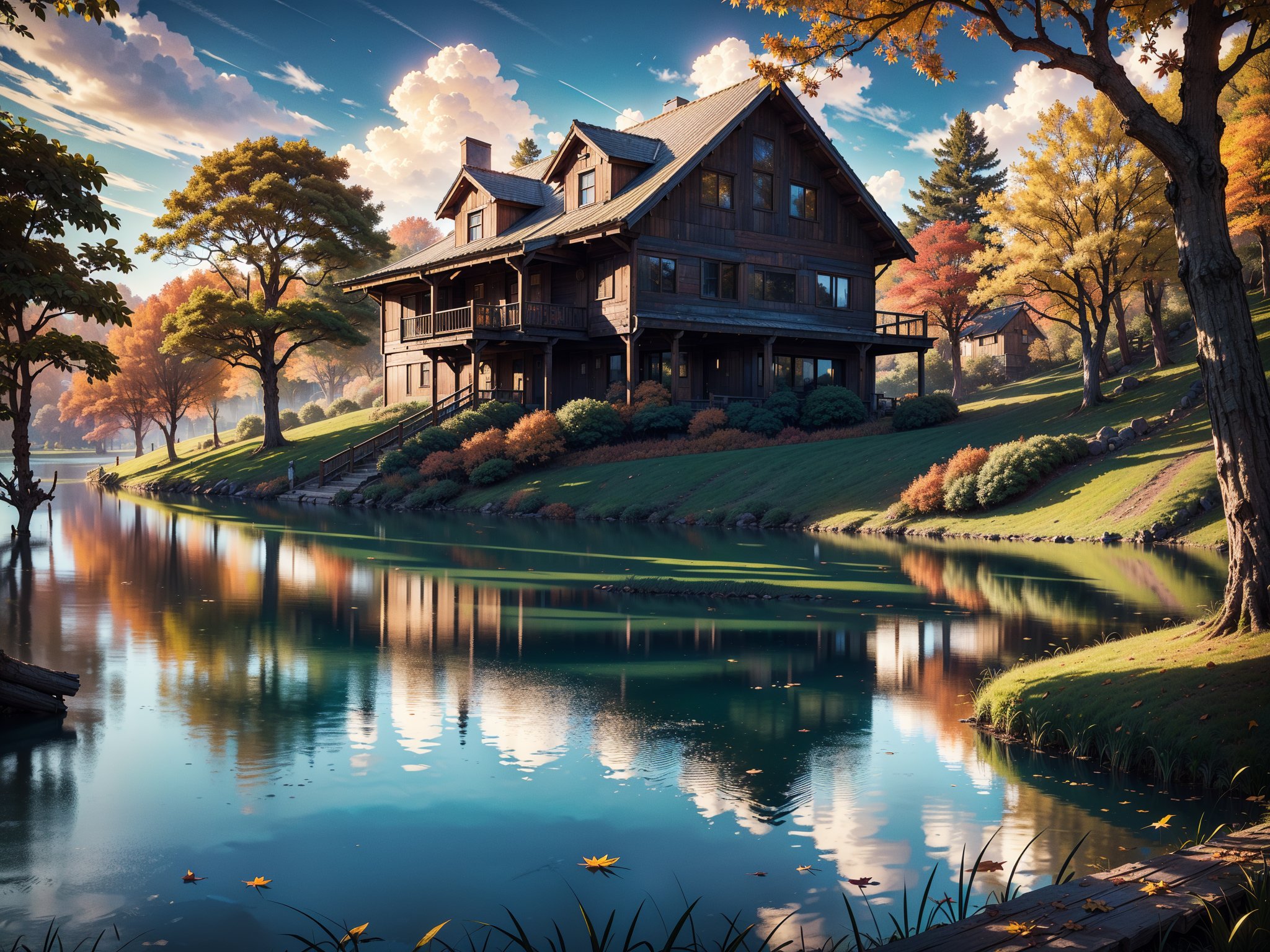 (masterpiece, legendary, highest_resolution, highly detailed), (hyper surrealism:1.4), sharpen_details, landscape_photography, (a stunning and vibrant HDR image of a big [wooden ? timber ? concerete] house during the autumn season with a beautiful lake in the foreground:1.5), (trees, fallen leaves, leaves falling, ground, grass, flower, sky, cloud, birds, sunlight, reflection, shadows, windy, ultra sharp), (intricate tree details, extremely detailed CG, creative use of empty space:1.3), (best quality, 64K, UHD, captivating, lifelike, immersive, no human, no character)