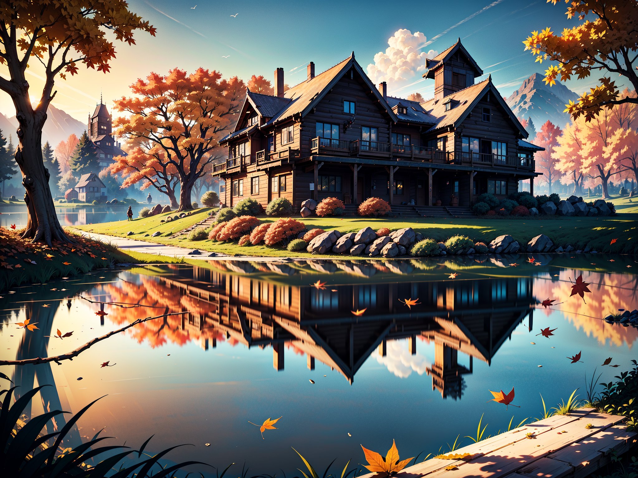 (masterpiece, legendary, highest_resolution, highly detailed, vibrant colors), (hyper surrealism:1.3), sharpen_details, landscape_photography, (a stunning RAW photograph of a big [wooden ? timber ? concerete] house (in focus) during a slightly windy day in the autumn season with a beautiful lake in the foreground:1.5), (trees, fallen leaves, leaves falling, ground, grass, flower, sky, cloud, birds, sunlight, reflection, shadows, wind, ultra sharp, house focus), (intricate tree details, extremely detailed CG, creative use of empty space:1.3), (best quality, 64K, UHD, captivating, lifelike, immersive, no humans)