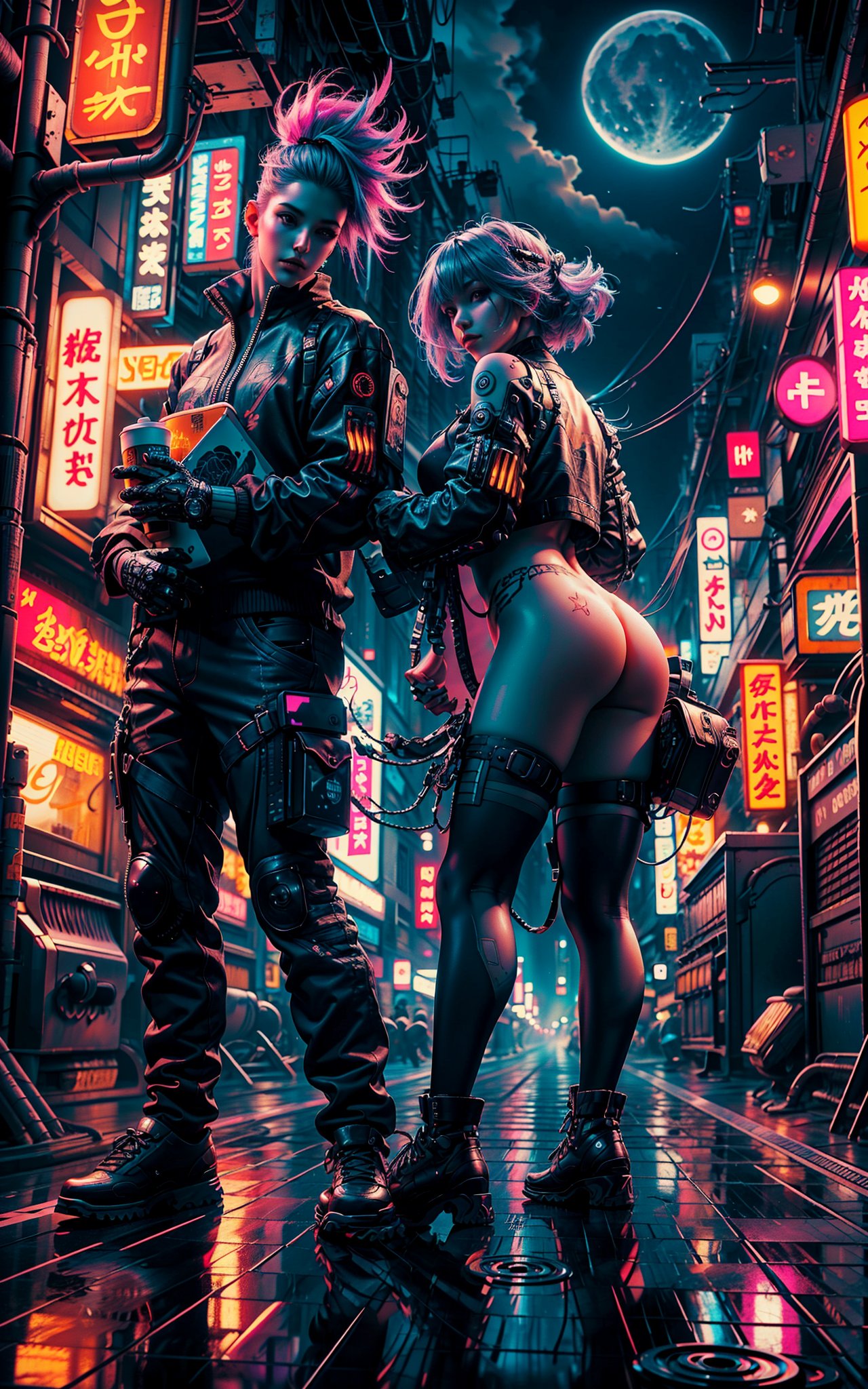 1girl, solo, CyberpunkWorld, (full body:1.5), looking at viewer, smirking, blushing, parted lips, (shallow depth of field:1.5), sharp focus, CyberpunkWorld outfit, headwear, brown eyes, pink hair, blue hair, black hair, bangs, street, diner, dark, gritty, (foggy:1.5), midnight, (gigantic moon:1.5), moon light, clouds, lamps, colored lights, dimmed lights, backlit, (wind:1.3), greasy, burning dumpsters, graffiti, pipelines, neon signboards, reflections, glare.
<BREAK>
(masterpiece:1.4), (best quality:1.4), 8K, UHD, (HDR:1.4), (vibrant colors:1.4), (hyper photorealistic:1.4), (surrealism:1.4), ultra hires, dramatic, (bloom), cinematic lighting, backlight, ultra-detailed, raytracing, intricate details, film grain, perfect hands, perfect legs, perfect body, sci-fi, cyberpunk style, cyberpunk car.