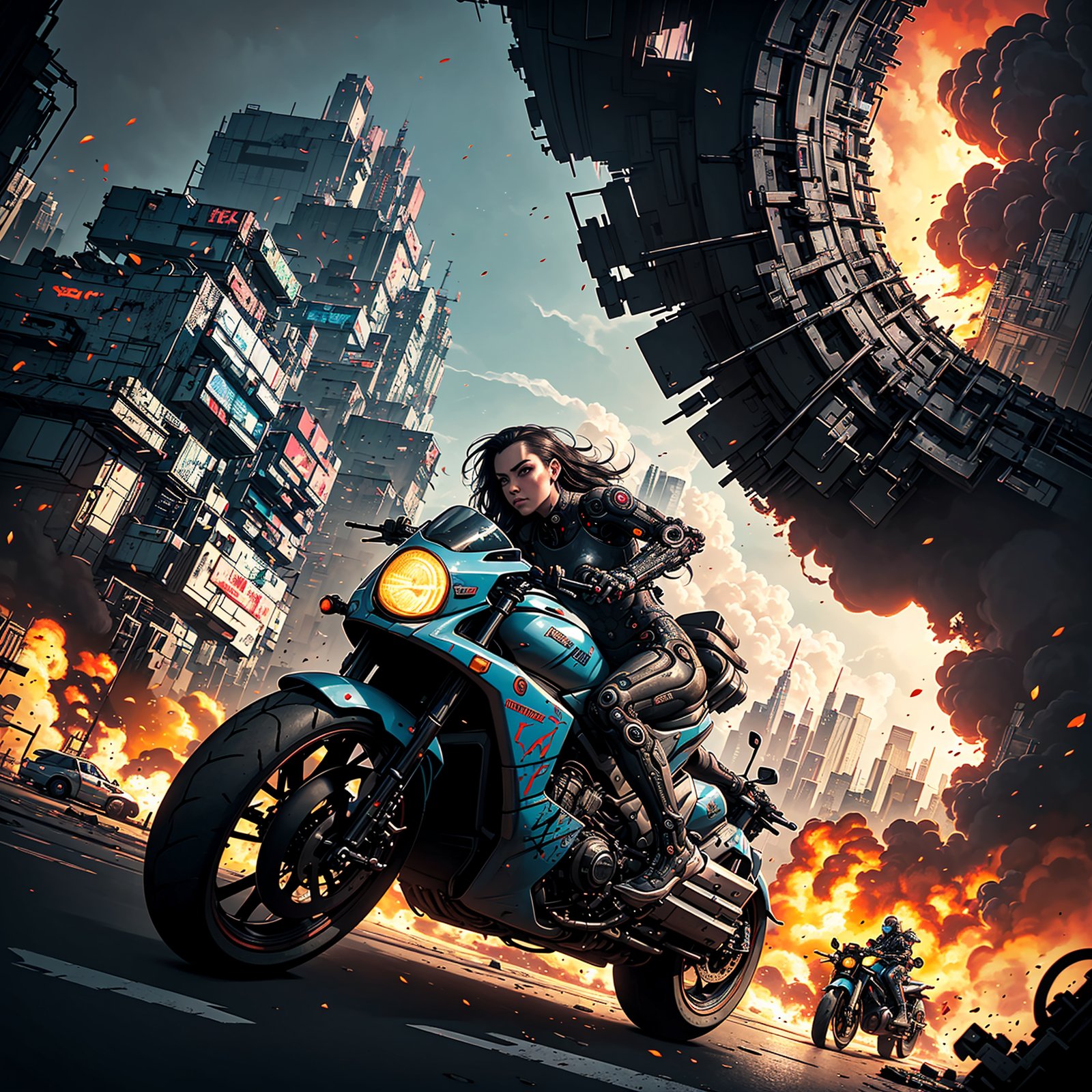 (best quality, 8K, ultra-detailed, masterpiece),
(cinematic, photorealistic, UHD, HDR, high resolution, vibrant colors).
(A high-octane 8K Cyberpunk city street:1.5), (low angle:1.5), 1girl, center frame, on a superbike speeding off with a (big explosion:1.5) behind her. She wears a sunglasses and a face mask. (flowing hair), dramatic, shallow depth of field, bokeh, dramatic lighting, (bloom:1.2).