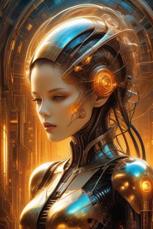 Please create a masterpiece, stunning beauty, perfect face, epic love, Slave to the machine, full-body, hyper-realistic oil painting, vibrant colors, Body horror, wires, biopunk, cyborg by Peter Gric, Hans Ruedi Giger, Marco Mazzoni, dystopic, golden light, perfect composition, col