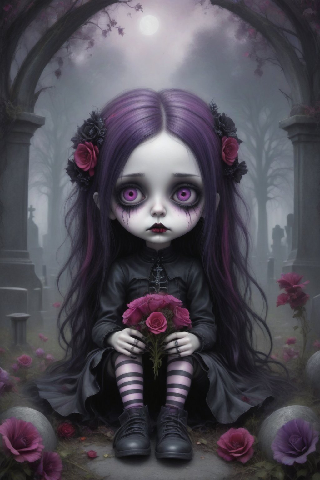 A goth female with long hair streaked in shades of purple, lilac, lavender, pink, and magenta. She is sitting cross-legged in the middle of a cemetery, holding a bouquet of red and black flowers, looking up slightly with a sad expression, goth person
