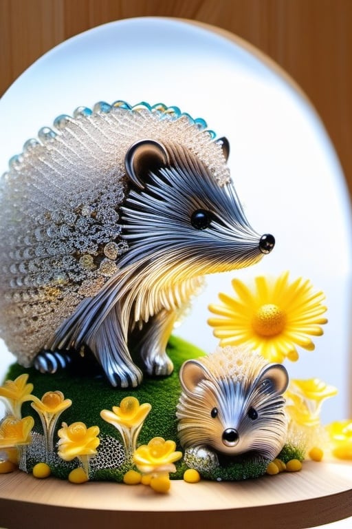 A cute family of crystal hedgehogs sits atop a delicate doily on a wooden shelf. To the side, a vase filled with yellow and white daisies adds a touch of natural beauty. A round window adorned with ornate crystal gems edges the background, allowing light to gleam through. The light highlights the crystal hedgehog family, casting an array of stunning prisms and creating a magical, sparkling display ,DonM1r0nF1l1ng5XL,glass art