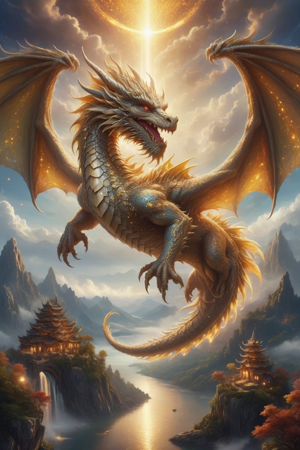 A mighty Demigod dragon cultivator flying in the sky, multiple tusk appears on its head, muscular body, a golden halo hovering on head, a village glowing with magical light in the background,  ethereal, Celestial, masterpiece water painting, high quality, 16k picture, awesome, glitter, more detail XL,more detail XL,DRG,shiny
