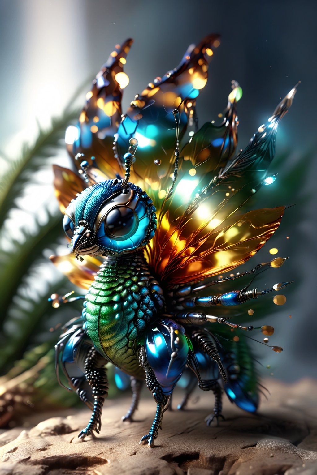 create a crazy litle alien bug, that is the cutest thing,  glass shiny style,DonM1r0nF1l1ng5XL,zhibi,peacock