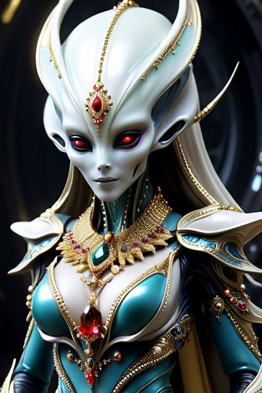 a beautiful female alien, adorned in her royal clothes and jewels,  tag score,more detail XL,alienzkin,futuristic alien