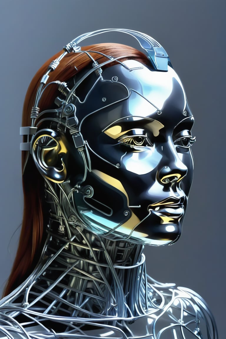create a cyborg, robot, whimsical, bizarre, random, something marvelous,Clear Glass Skin,wire sculpture,glass shiny style