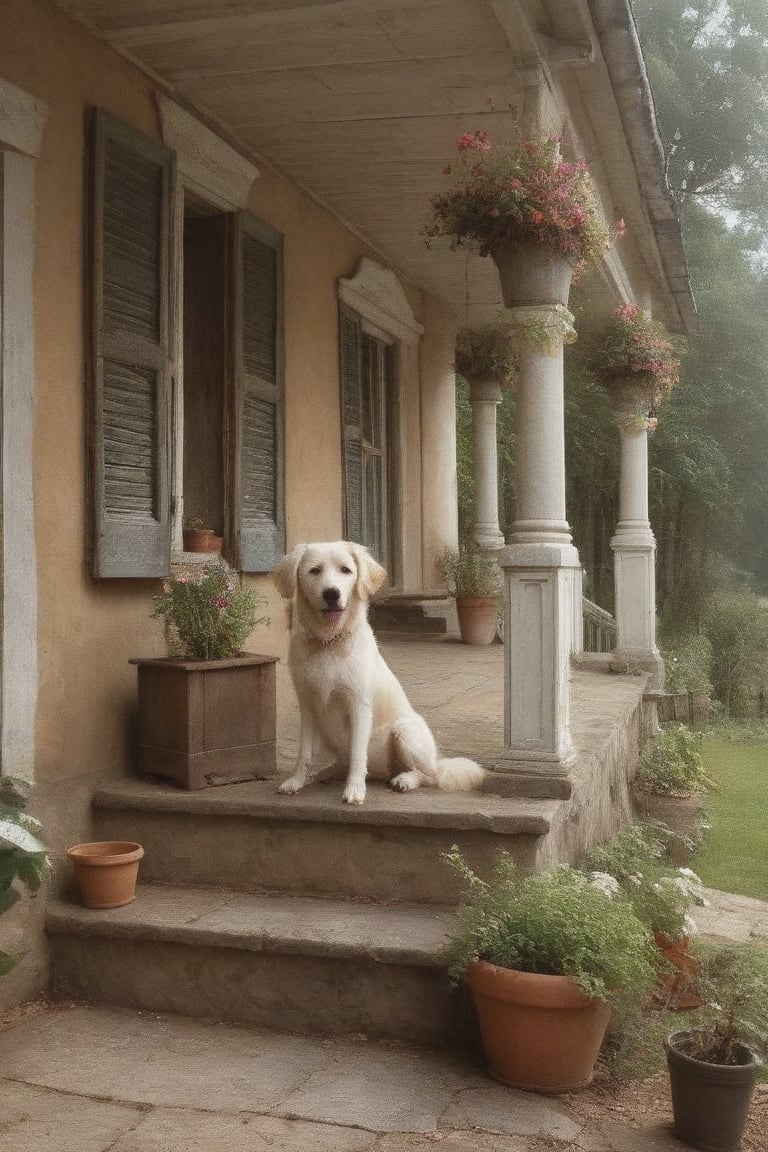 an old two storey farm house, a veranda surrounds it,  on either side of the door are two rockings chairs, an old dog lays on the top of the stairs leading up to the veranda, flower pots hand and the front of the veranda are flower gardens, each rocking chair has an old person siting in it,Nature,zhibi