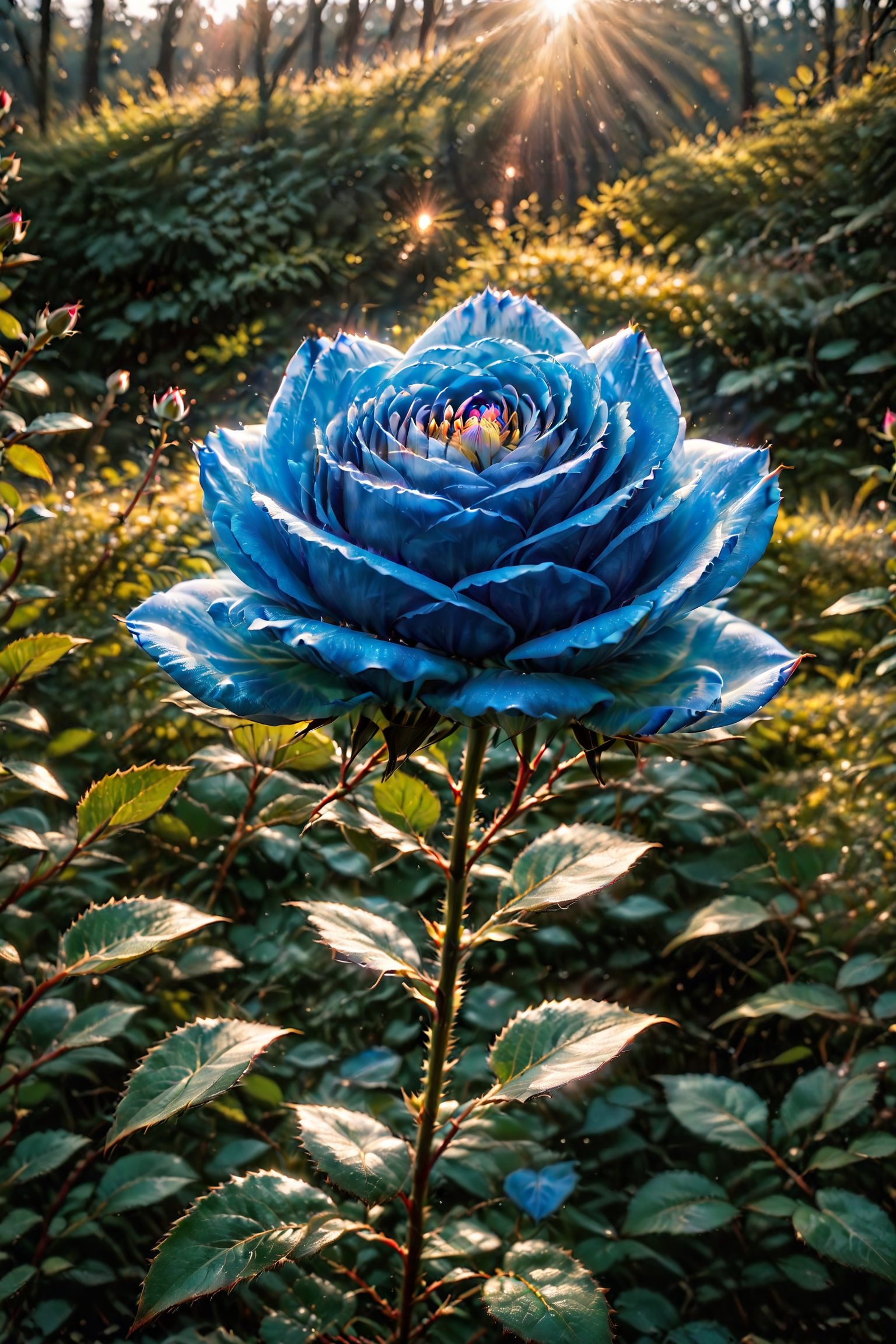 an electric blue rose with an open flower bud