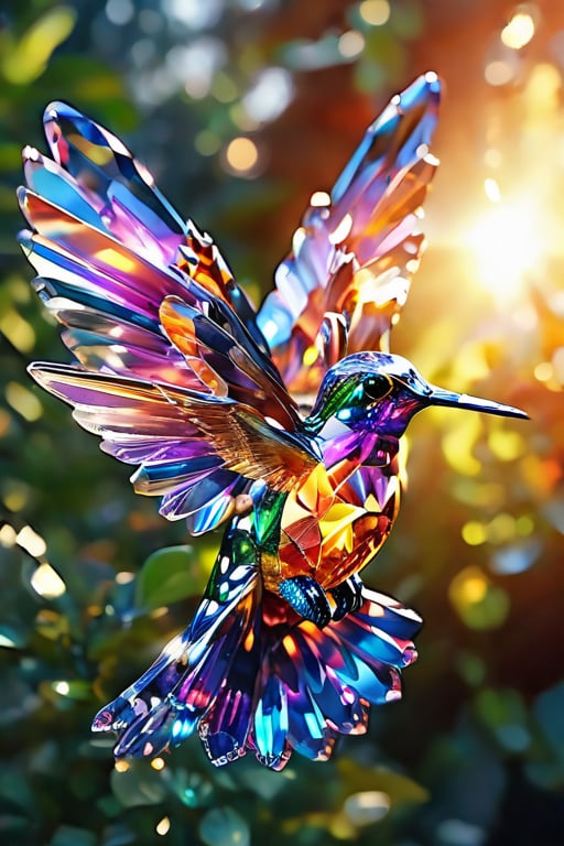 A stunning hummingbird in flight, wings outstretched, as the sunlight catches and highlights the vibrant colors of its wings.,glass shiny style
