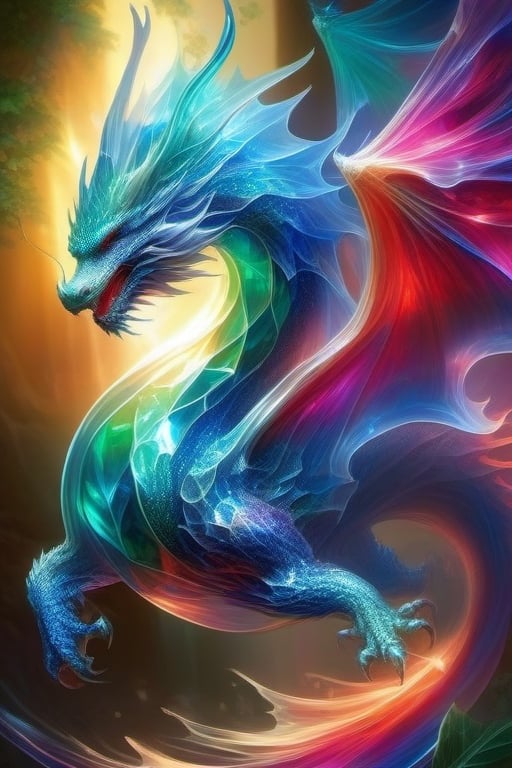 A crystal dragon, brought to life with the magic of AI, appears to be flying gracefully through the air. Sunbeams radiate through its translucent body, illuminating the emerald green, sapphire blue, and crimson hues that shimmer and shine. The dragon's vibrant colors create a stunning, mesmerizing display as it soars majestically,16k UHD,  glass art, ,echmrdrgn