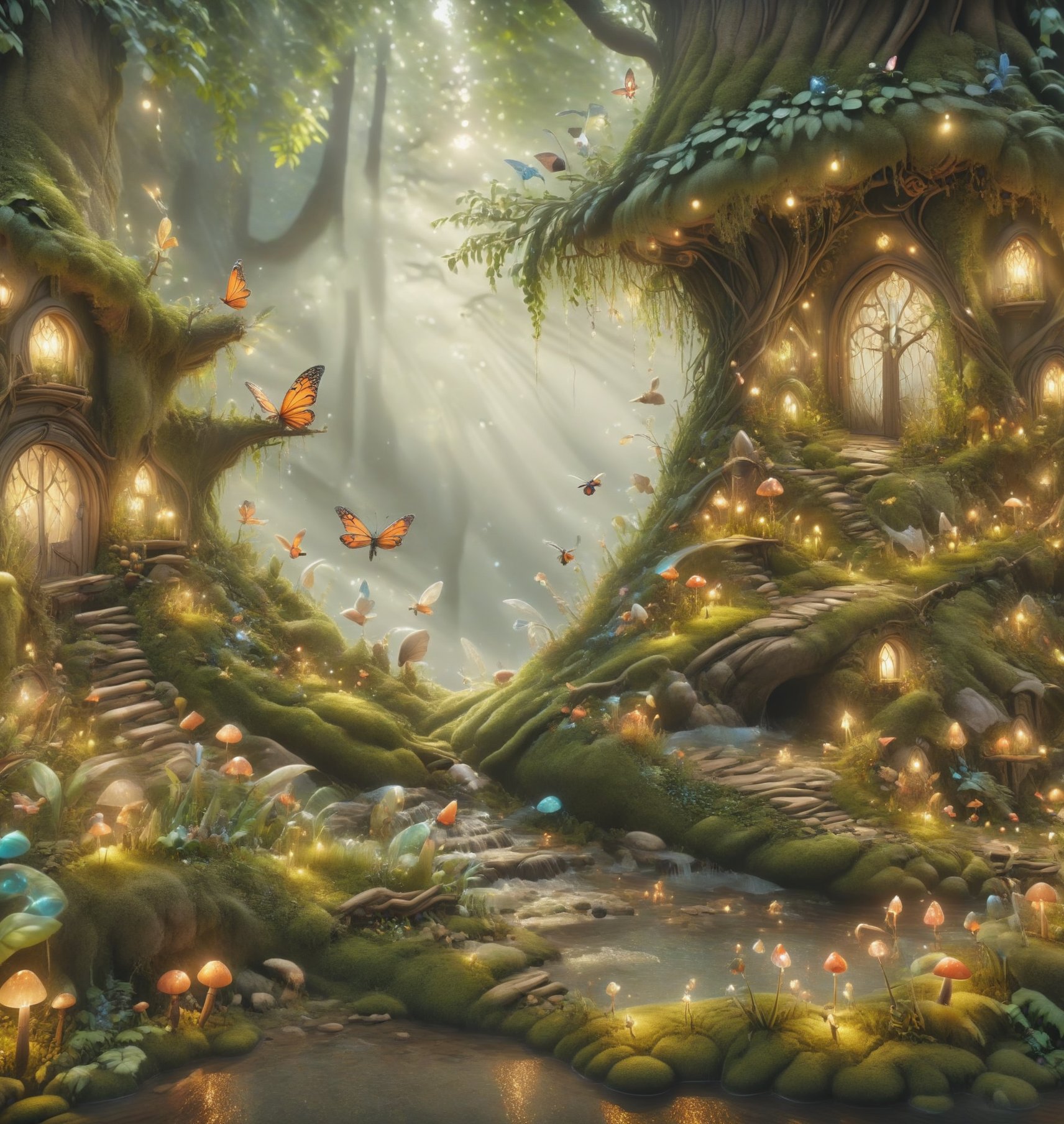 Create an enchanted beautiful scene, there are fairires and beautiful bugs everywhere ,hyper real extra effect add , fairytale,Fairy