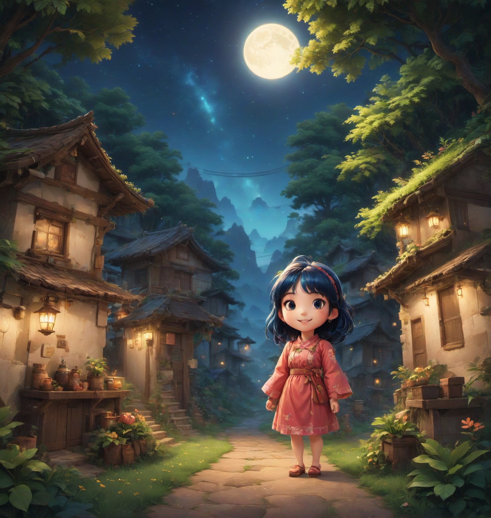 village, night, landscape photography,Flat vector art,Eve3D,nodf_lora,SAM YANG,guweiz style,Vector illustration,Anime ,gapp teeth 