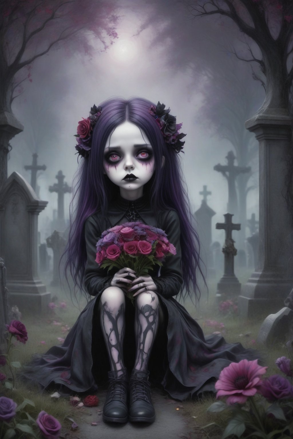 A goth female with long hair streaked in shades of purple, lilac, lavender, pink, and magenta. She is sitting cross-legged in the middle of a cemetery, holding a bouquet of red and black flowers, looking up slightly with a sad expression, goth person