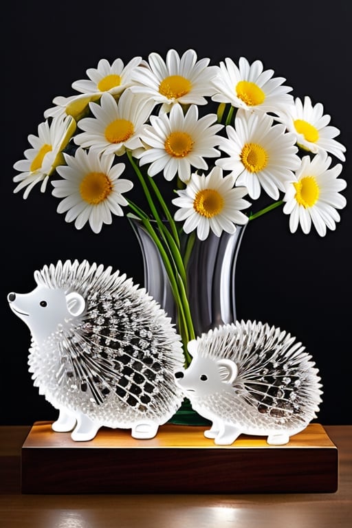 A cute family of crystal hedgehogs sits atop a delicate doily on a wooden shelf. To the side, a vase filled with yellow and white daisies adds a touch of natural beauty. The light from the ornate table lamp highlights the crystal hedgehog family, casting an array of stunning prisms and creating a magical, sparkling display ,DonM1r0nF1l1ng5XL,glass art