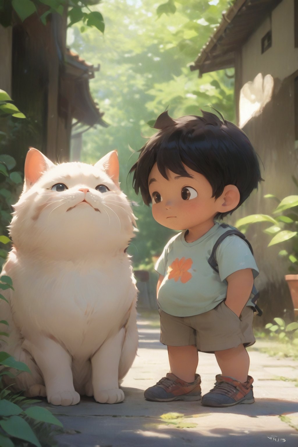 little boy standing next to cute fat cat,black hair,long hair, summer day, symmetry face, niji style, ghibli style,XP,cat