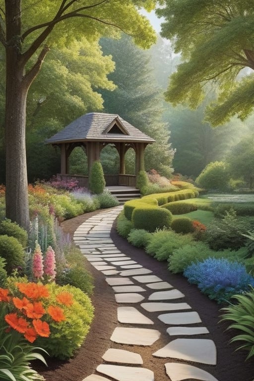 Envision a flawless scene: a rustic path lined with towering trees, gardens brimming with vibrant, colorful flowers on the path's edge, and butterflies of every hue flitting from bloom to bloom.