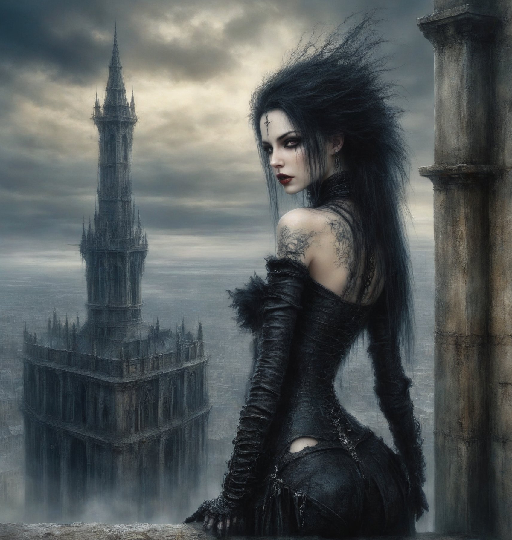 
A beautiful adventuress , gothic clotes standing on to of the tower overlooking a big city. Luis Royo, Grzegorz Rosiński, detailed background, dark fantasy, comic illustration, masterpiece, realistic,goth person,,DonMDr4g0nXL