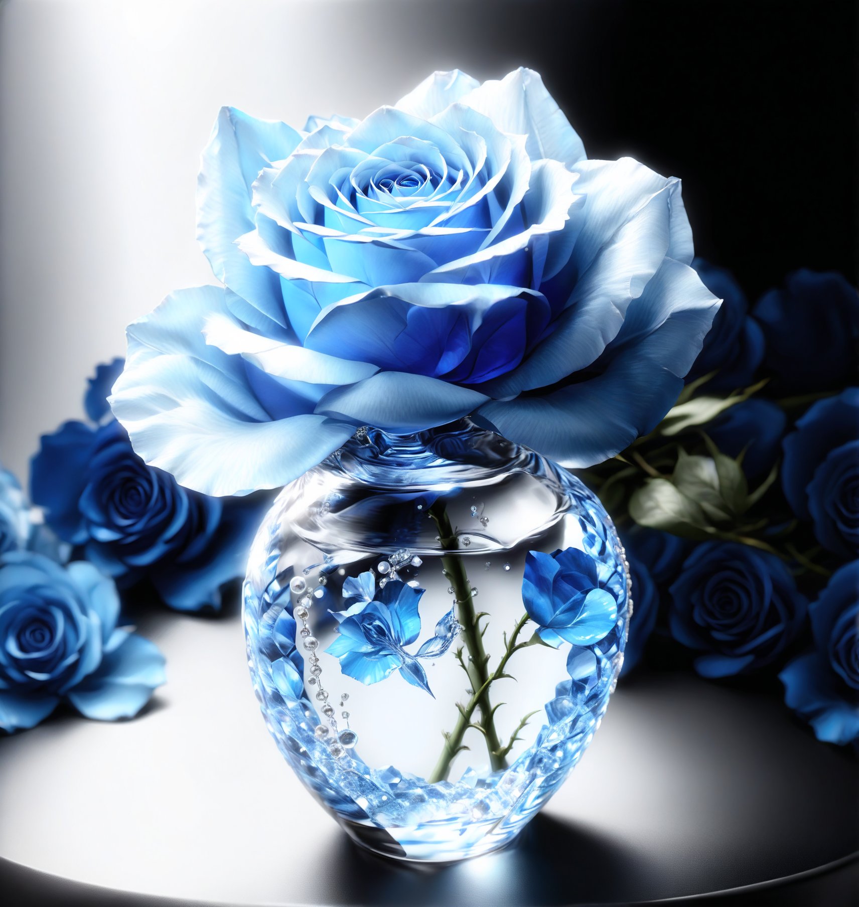 a single stem crystal vase holds a single bright blue rose, on the table at the base of the vase sits pearls of all colours