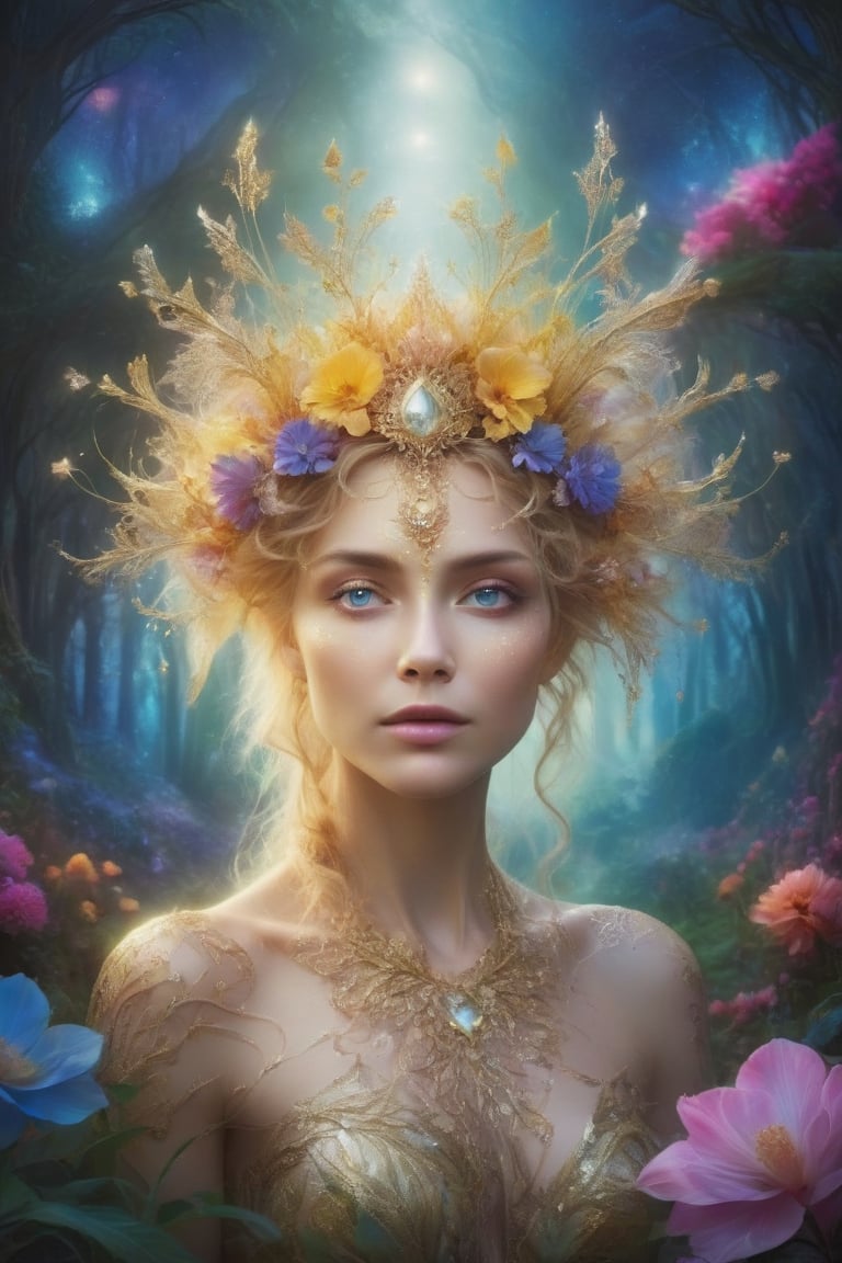 The fairy queen of the forest, with her golden hair and golden eyes, reigns amidst ornate, fantastical landscapes blooming with flowers.

,futuristic,Flora