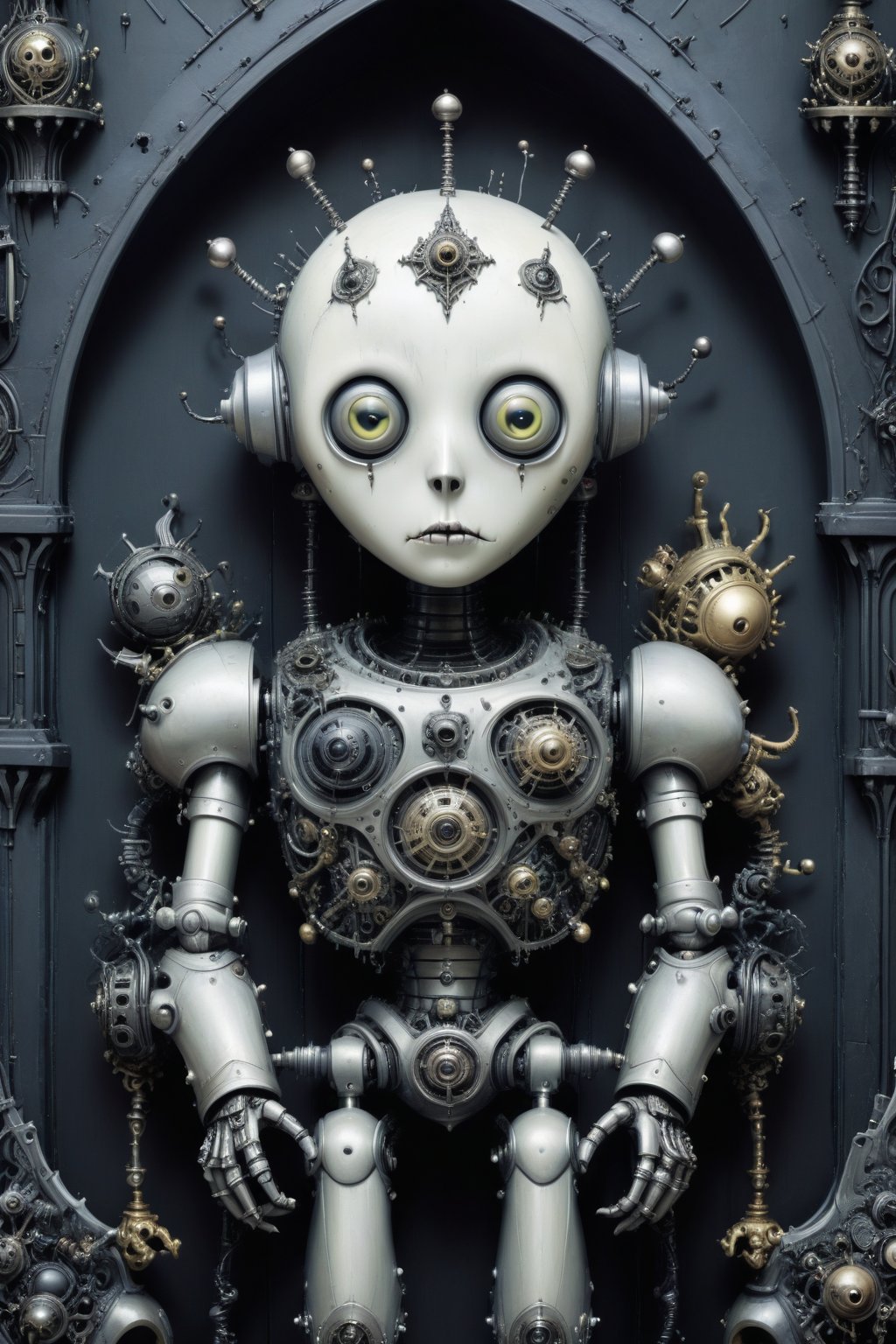A gothic robot creation, surrounded by ornate, otherworldly objects,more detail XL,goth person