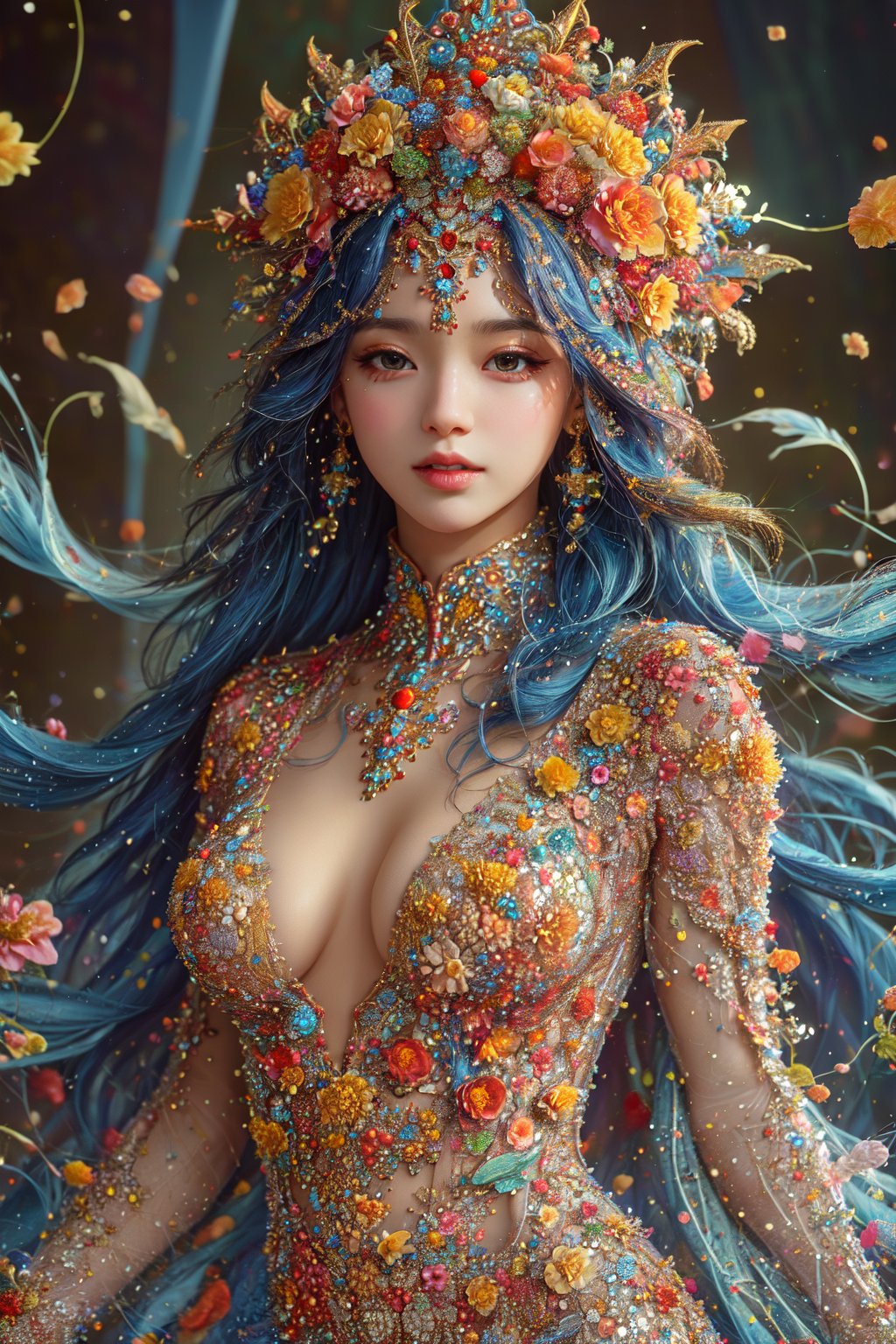 busty and sexy girl, 8k, masterpiece, ultra-realistic, best quality, high resolution, high definition,  The image portrays a person with striking flowing sky blue hair adorned  intricate jewelry. The overall aesthetic suggests a blend of regal elegance and fantasy,gem,beaded flower decoration