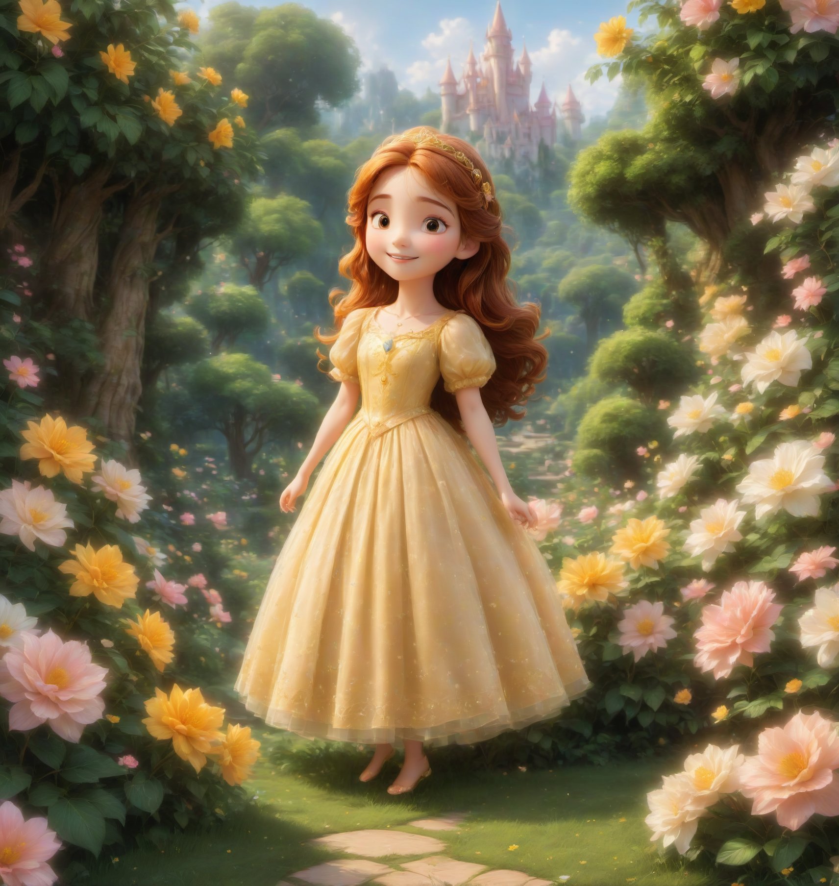 please create a princess, in a garden, with trees nad flowers all around, she is happy and carefree