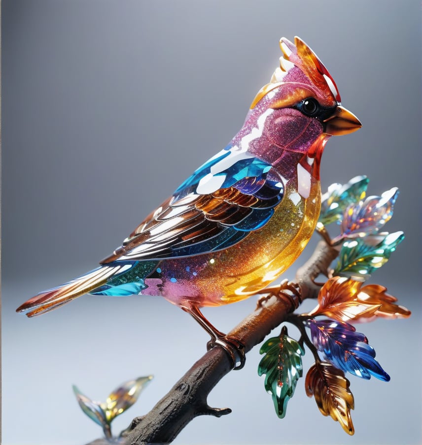 masterpiece, high quality, cinematic lighting, vibrant color, perched on a tree branch, , (colorful-glass carving sparrow) colorful-glass wing,XL,glitter,gbaywing,colorful,shiny,glass shiny style