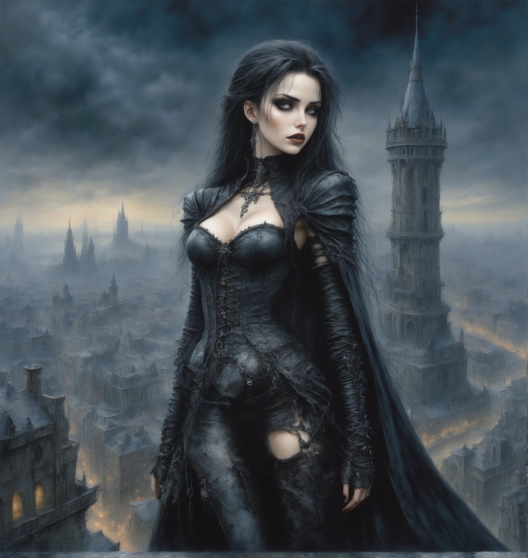 
A beautiful adventuress , gothic clotes standing on to of the tower overlooking a big city. Luis Royo, Grzegorz Rosiński, detailed background, dark fantasy, comic illustration, masterpiece, realistic,goth person,PIXAR