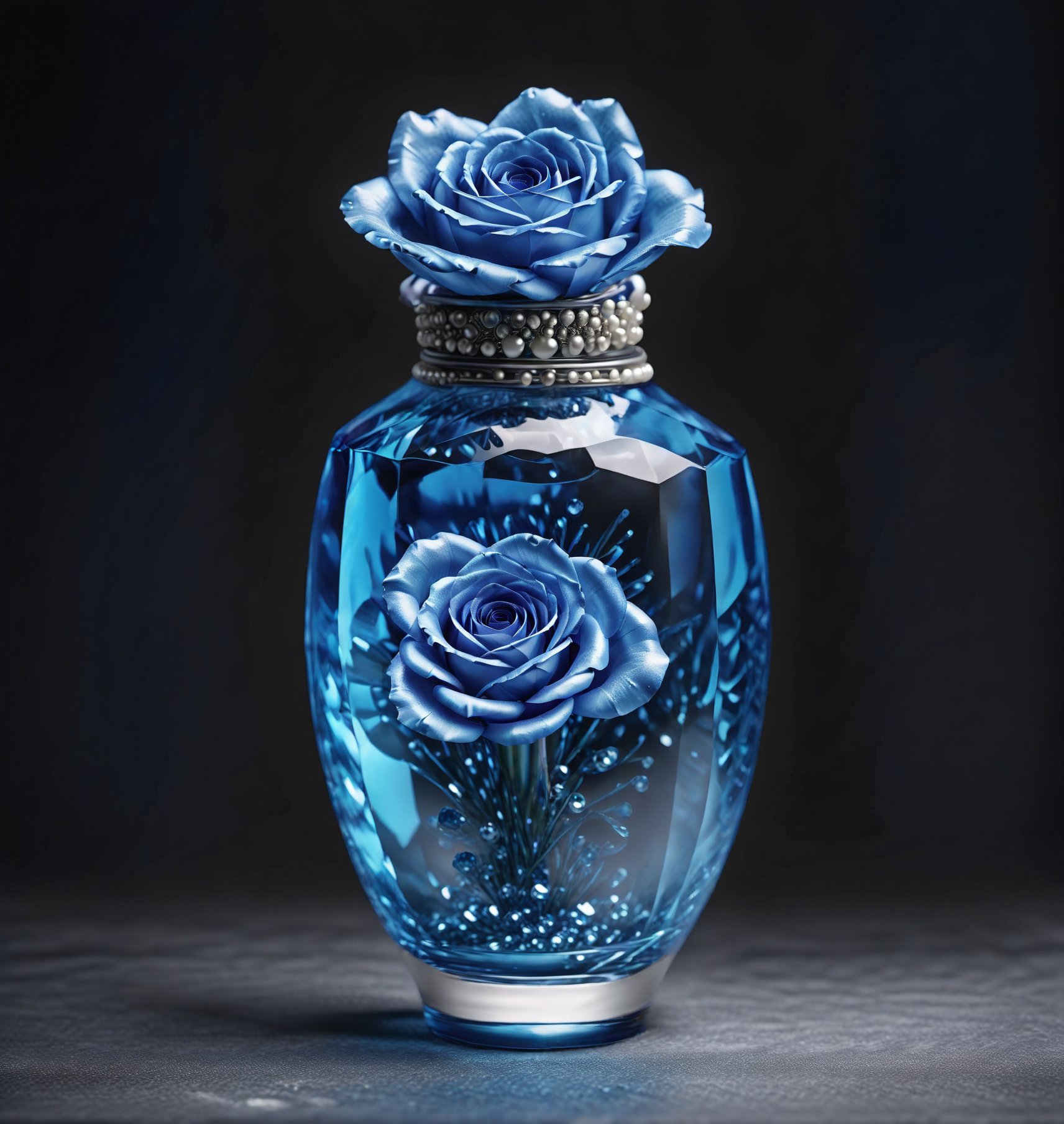 A single-stem crystal vase holds a bright blue rose. On the table at the base of the vase, there are pearls of various colors,DonM1r0nF1l1ng5XL,APEX colourful 