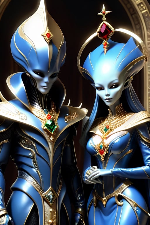 an sslien king and queen, adorned in their royal clothes and jewels,  tag score,more detail XL,alienzkin,futuristic alien