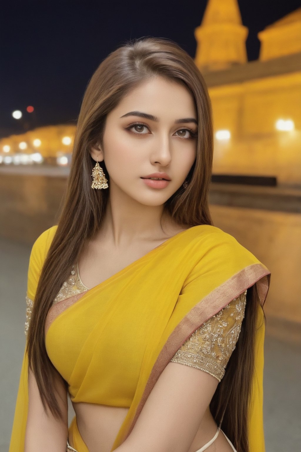 beautiful cute young attractive Indian teenage girl, City girl, 21 years old, cute, Instagram model, long brown_hair, colorful hair, warm, dacing, in city night ,1girl,pov,photorealistic, Russian Woman, tradition , Indian tradition,Woman ,Russian , yellow saree, Indian beauty,hubgwomen,beautiful