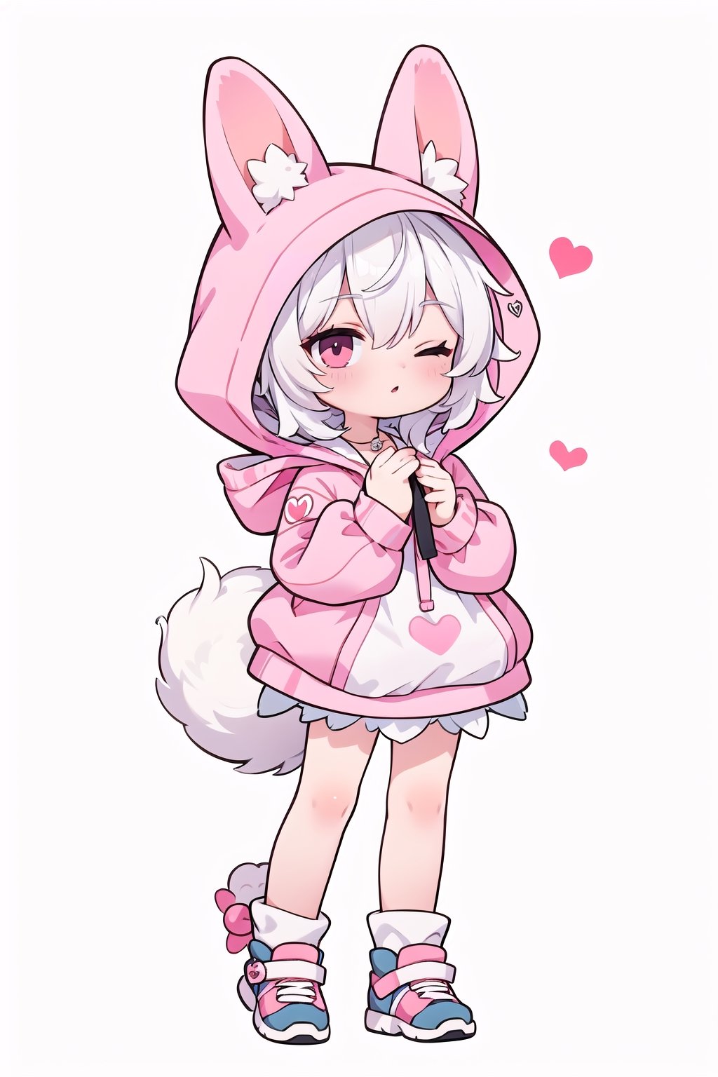 solo, looking at viewer, smile, simple background, animal ears, closed mouth, standing, tail, full body, heart, one eye closed, hood, pink rabbit ears, character name, hands up, no humans, own hands together,  rabbit tail, hood up, outline, rabbit,  animal hood, animal focus