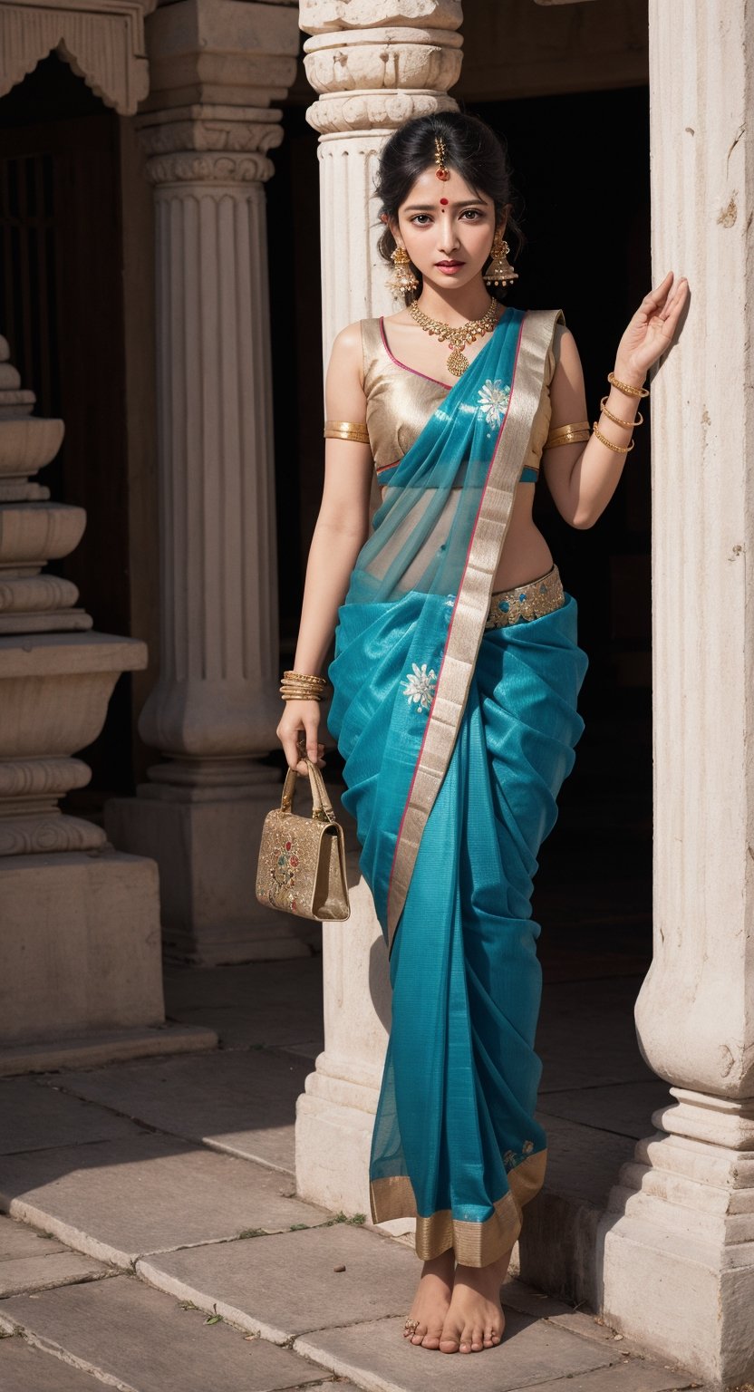 Saree, extremely tall, looking at observer, indian temple background, Goddess, Jewellery, Handbag, Bangles, Necklace, earrings, anklet, soft facial makeup, perfect hands and feet, b3ltsbodyng, after sex,