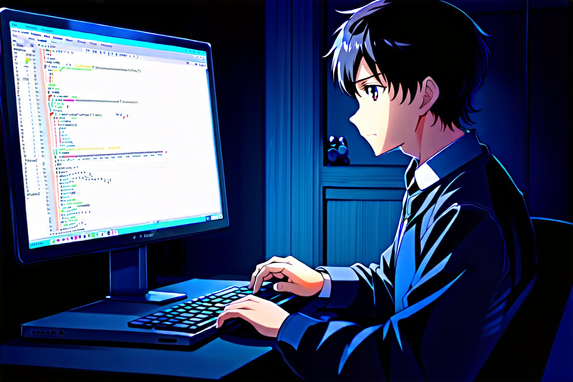 best quality, masterpiece,anime,a man looking at the computer screen,in dark room