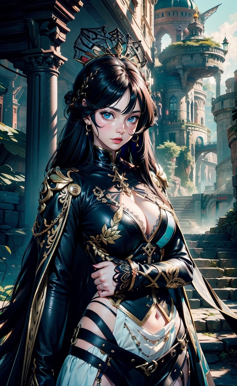 (masterpiece:1.2), bestquality,fantasy, a girl with black long hair with viking girl warrior hair, wearing a black leather outfit she has hazel color eyes. fantastical and ethereal scenery in a postapocalitic world, daytime. Intricate details, extremely detailed, incredible details, full colored, complex details, hyper maximalist, detailed decoration, detailed lines. masterpiece, best quality, HDR,