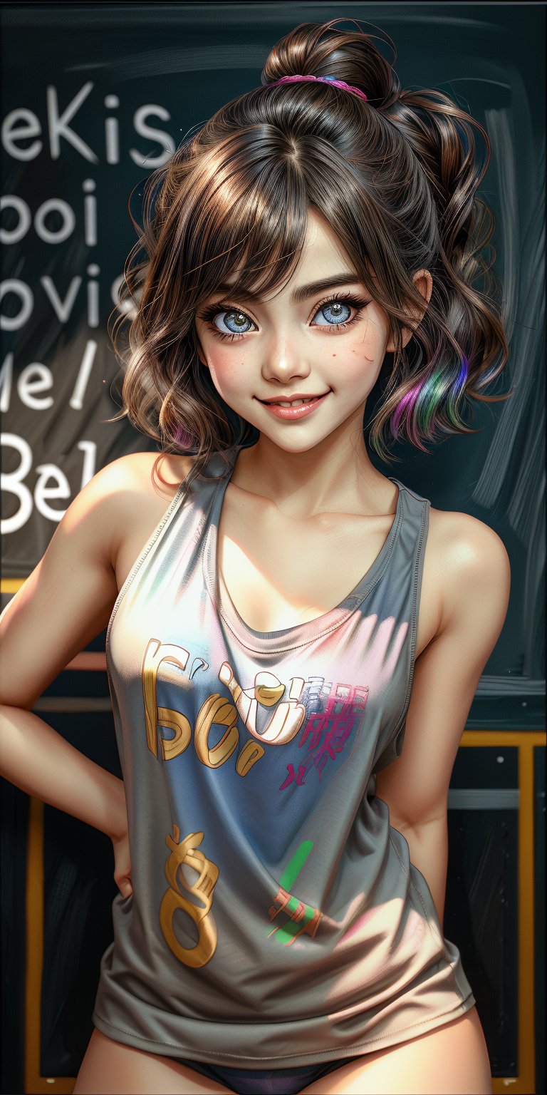 cute beautiful girl sizuka, side_boobs, smiling,(highres, highly detailed:1.3), highly detailed face, delicate eyes, perfect_eyes, two Heavy eyelids, sexy and dynamic pose, cinematic lighting, vibrant colors, beside a blackboard where is only written "2K" in shalk, ((text "2K" on the blackboard)),tank top shirt,Detailedface