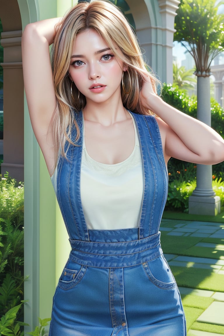 This image exhibits a hyper-realistic digital art style. The composition centers on a youthful figure with striking blue eyes and blonde hair, gazing directly at the viewer with an intense expression. She wears a denim overall dress over a white top, with medium hoop earrings as accessories. Her arm is raised behind her head, creating a candid and engaging posture. The background includes greenery on the left and architectural elements on the right, suggesting an outdoor urban setting with strong sunlight casting distinct shadows, adding depth and vibrancy to the scene.