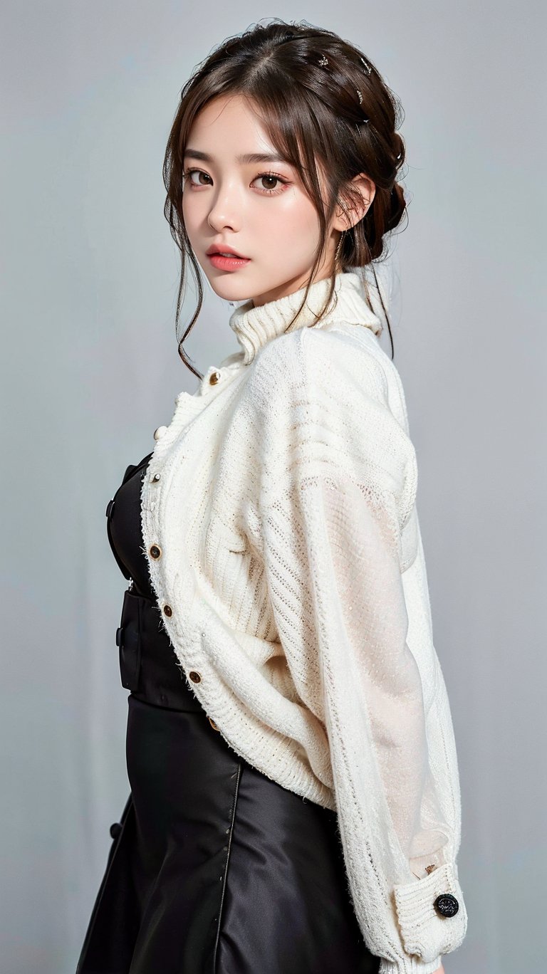 A photorealistic masterpiece of a young K-Pop idol, viewed from the front in a point-of-view shot. She wears a crisp white labcoat and a tight turtleneck, paired with a high-waisted skirt that accentuates her medium breasted figure. Her long, brown hair cascades down her back, framing her face and perfect hands. Each finger is intricately detailed, adding to the overall sense of realism. Her enchanting eyes, beautifully rendered in photorealistic detail, gaze directly at the viewer with a sultry intensity. A delicate choker adorns her neck, drawing attention to her porcelain skin. The background is meticulously detailed, creating a surrealistic atmosphere that complements her otherworldly beauty.,beauty,Korean,idol,Japanese