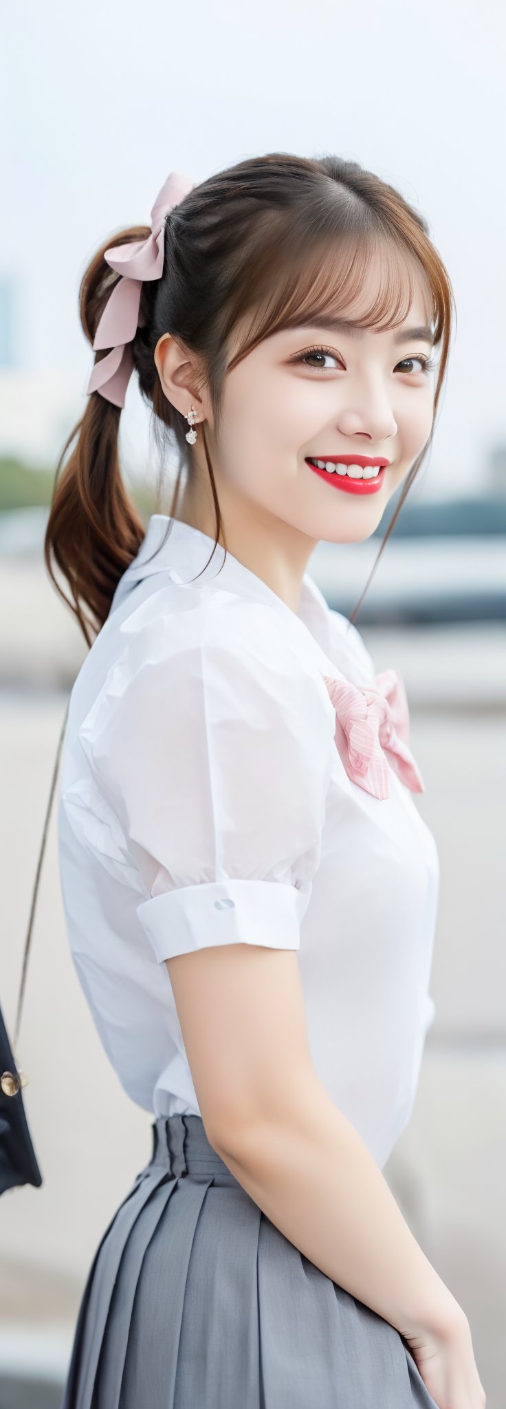 full body,a beautiful young girl, oval face, grin, red lips, detail lips, small earrings,intricate high quality details,city background , long ponytails, bow on head, pink school_uniforms, blue pleated_skirt, photorealistic,perfect light,Korean,Japanese,Beauty