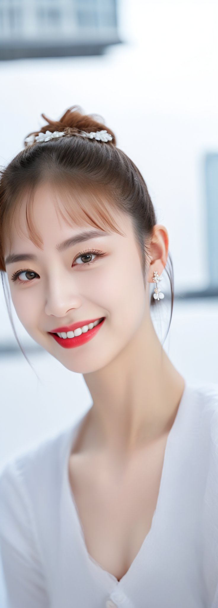 full body,a beautiful young girl, police,oval face, grin, red lips, detail lips, small earrings,intricate high quality details,city background , long ponytails, bow on head, photorealistic,perfect light,Korean,Japanese,Beauty
