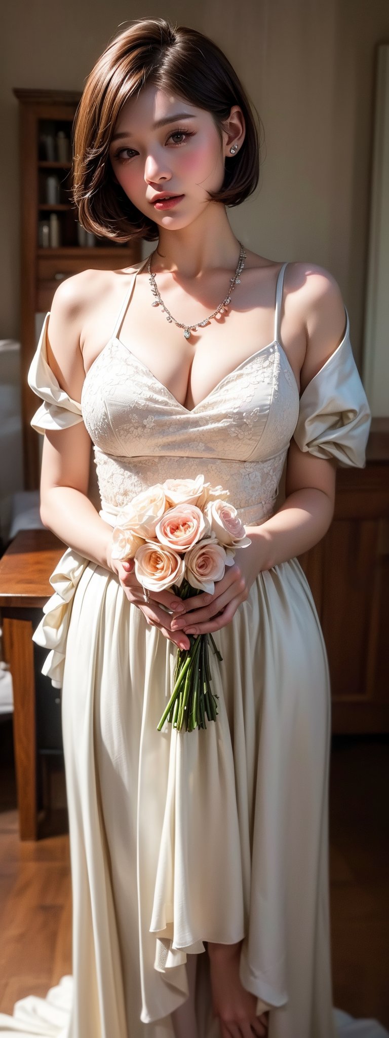 ((Top Quality, ​Masterpiece)), full body, original photography, 8k, top quality, super high resolution, beautiful face, every detail, realistic human skin, gentle expression, front view, ( Bob hair: 1.5), realistic, realistic, cute little, Chis, bouquet, white dress, a necklace, bangs,
information,idol,Korean