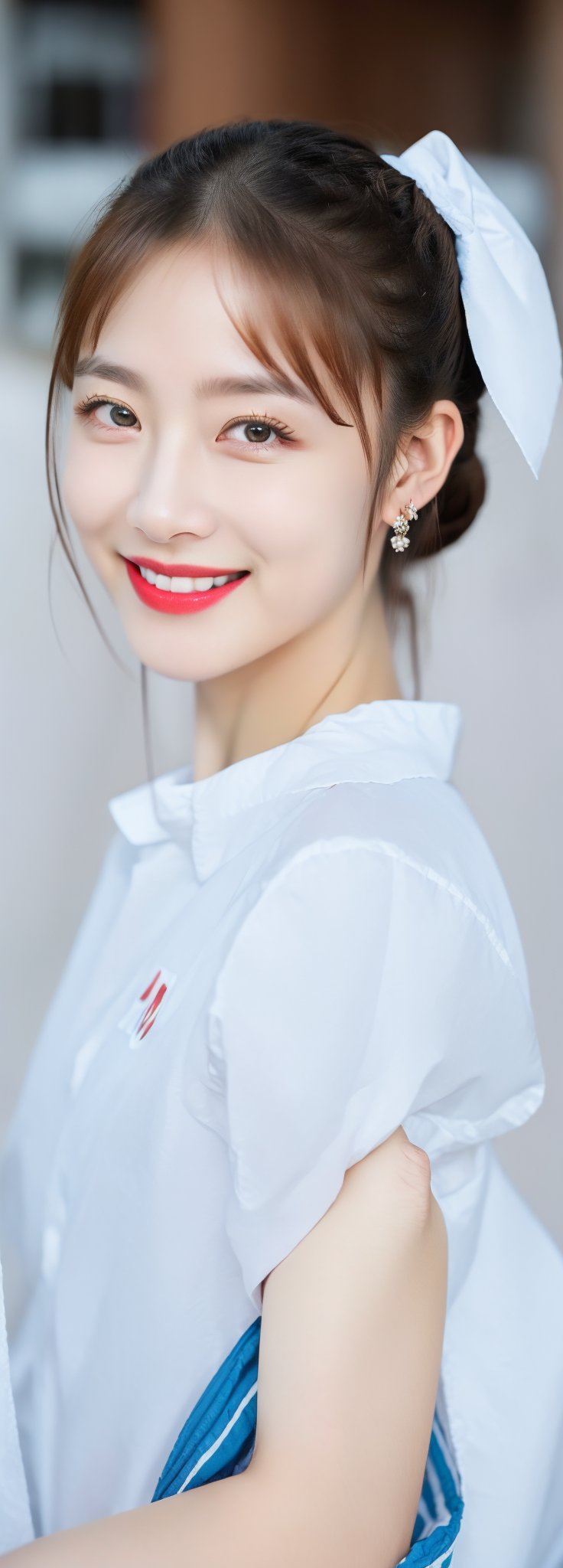 full body,a beautiful young girl, 10 years old,oval face, grin, red lips, detail lips, small earrings,intricate high quality details,city background , long ponytails, bow on head,sportswear, photorealistic,perfect light,Korean,Japanese,Beauty