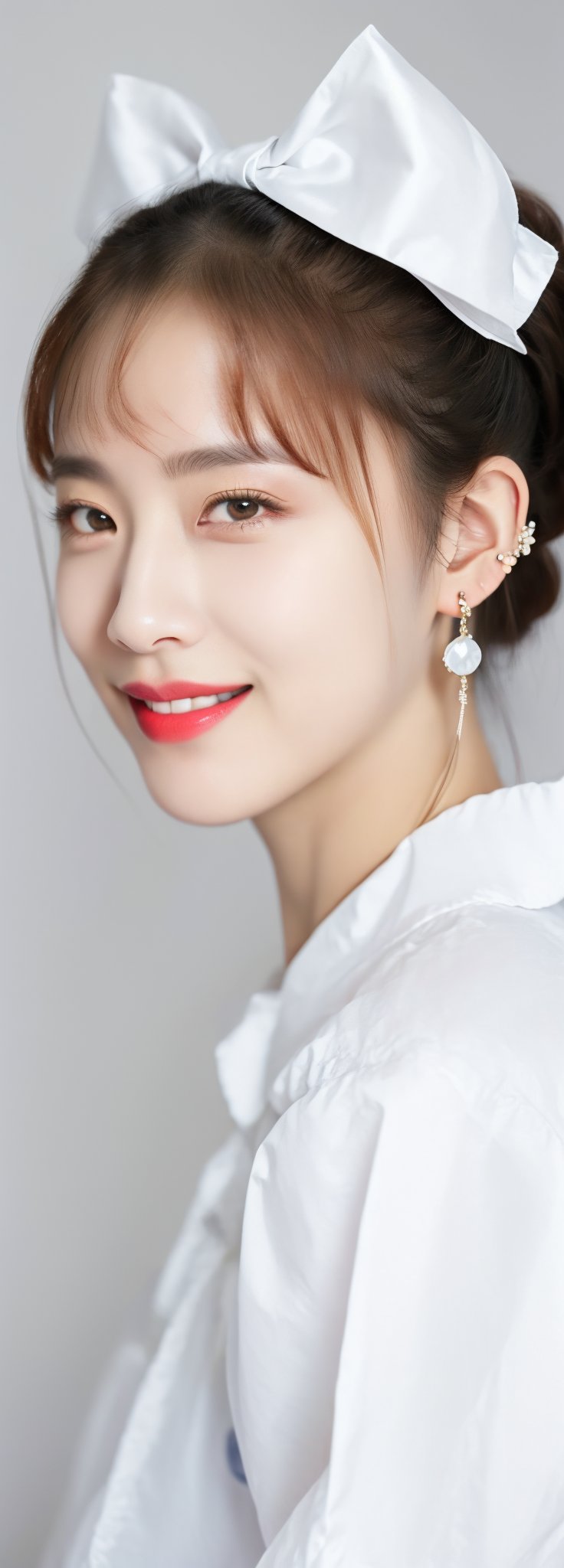 full body,a beautiful young nurse ,oval face, grin, red lips, detail lips, small earrings,intricate high quality details,city background , long ponytails, bow on head, photorealistic,perfect light,Korean,Japanese,Beauty