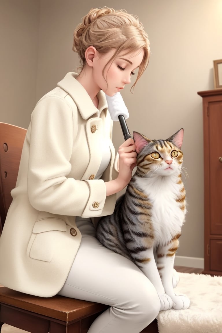 An ultra-realistic cat cleaning itself. With high-definition facial details, the coat is clear and well defined. The cat is grooming perched on a chair. The background is a very nice and well detailed room with light colors and a fresh atmosphere.