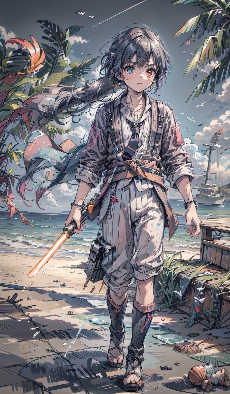 a sketch of a guy jogging on the beach, 18 years old, holding jar of water, seaweed and seashells, looking far at a distance, long hair, heterochromia eyes, teenager ocean breeze, walking, sketchy, Sketch, wielding a lightsaber, x-wing and tie-fighters in the sky